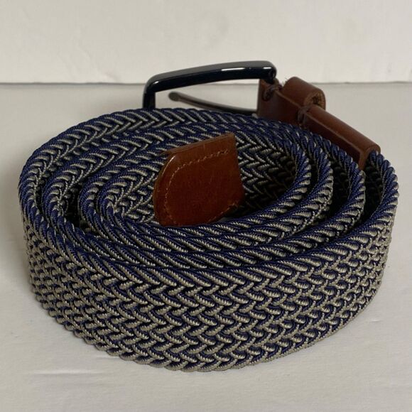 Tommy Bahama Leather Trim Woven Stretch Belt Blue Tan Braided Elastic Size S/M - Picture 2 of 9
